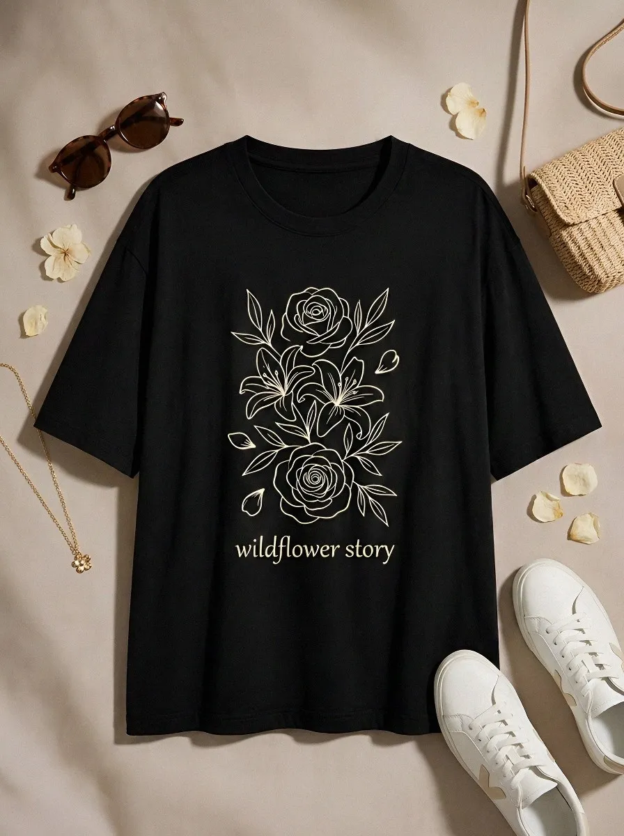 Women's Nature Lover Wildflower Story Floral Line Art Printed T-shirt