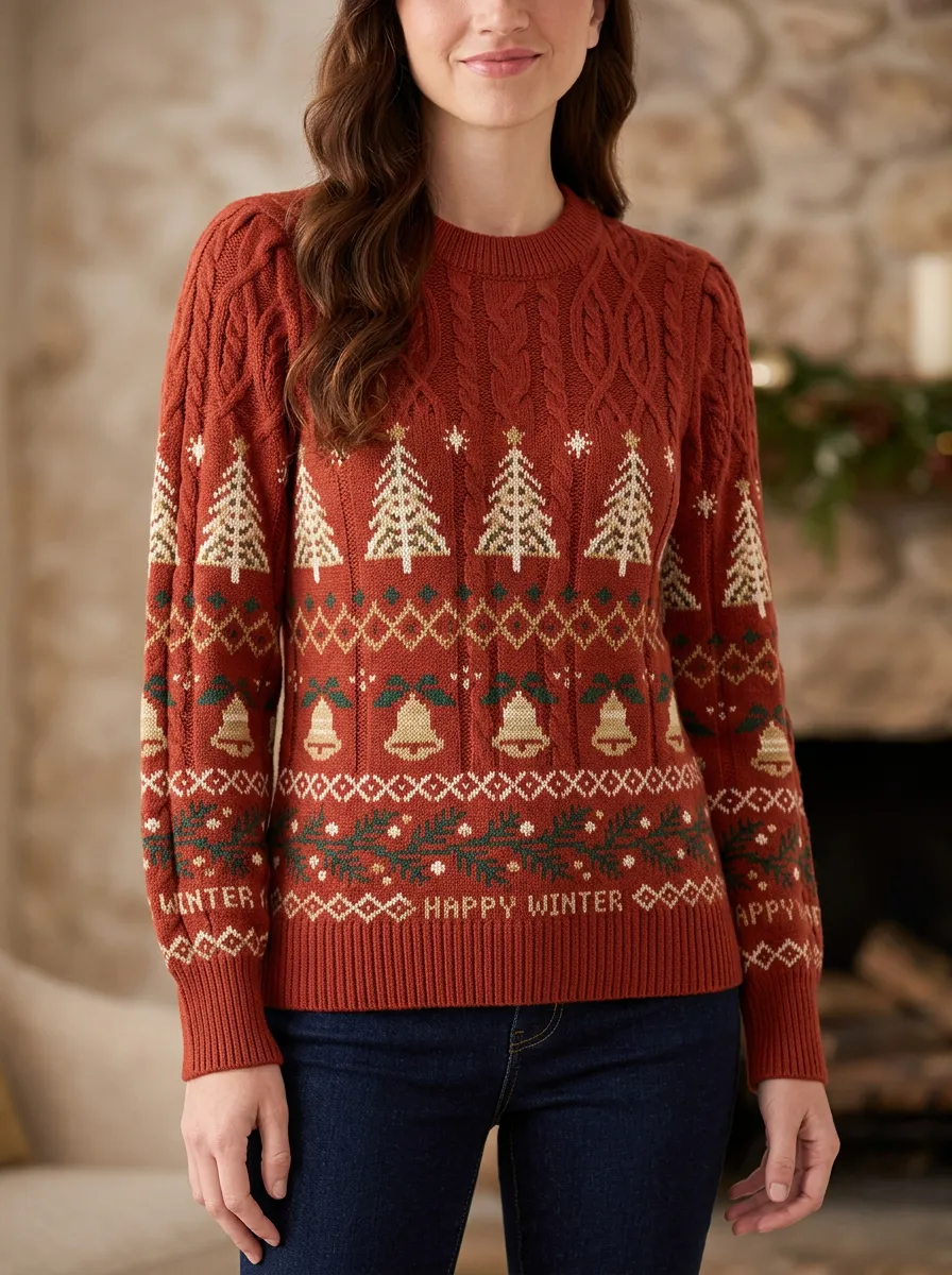 Christmas Holiday Tree Bell Pattern Knitted Sweater