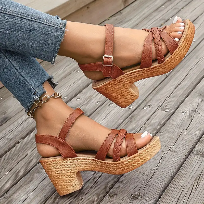 Braided Platform Ankle Strap Heeled Sandals