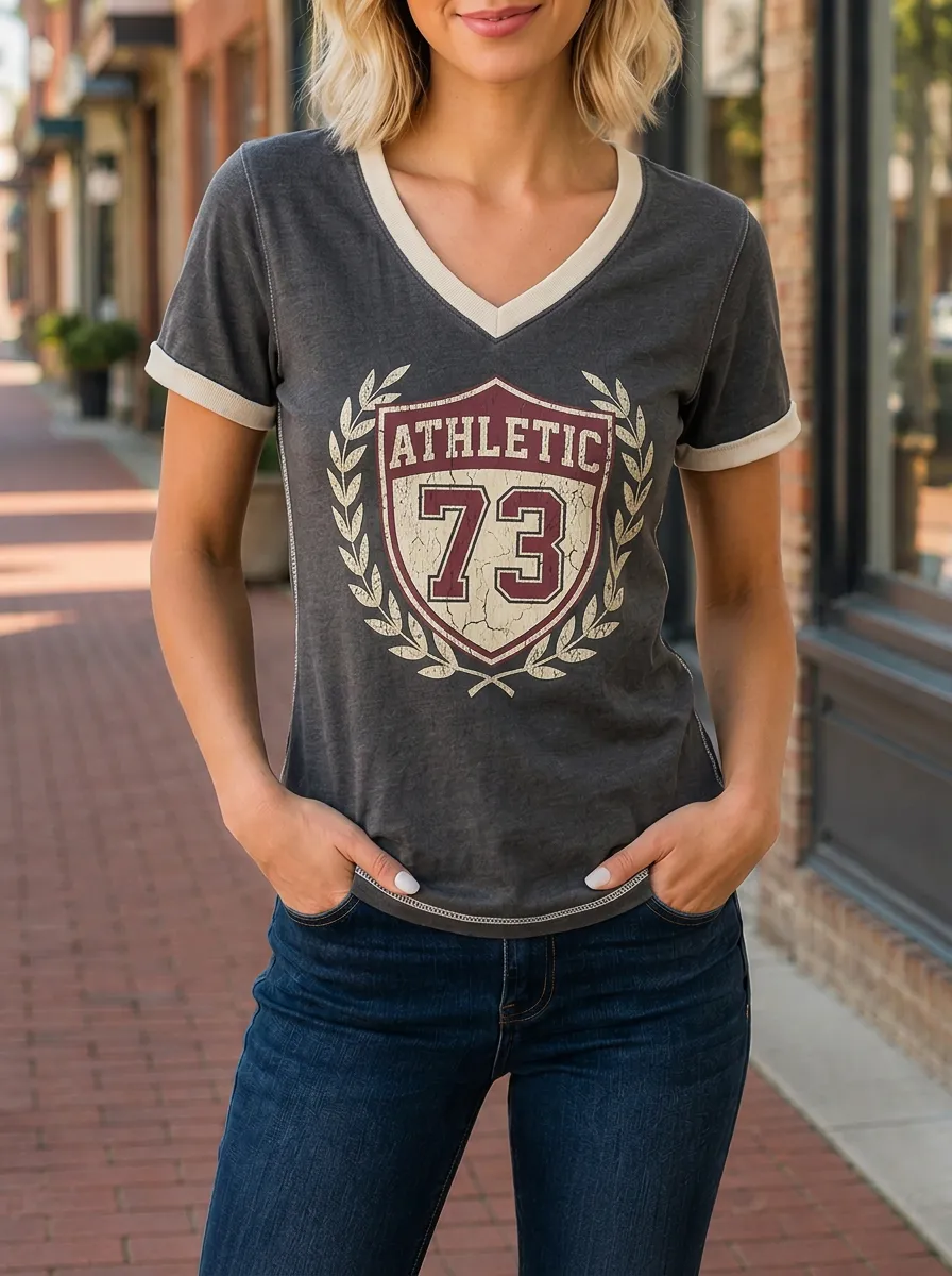 Women's Athletic 73 Shield Laurel Wreath Printed V-neck T-shirt
