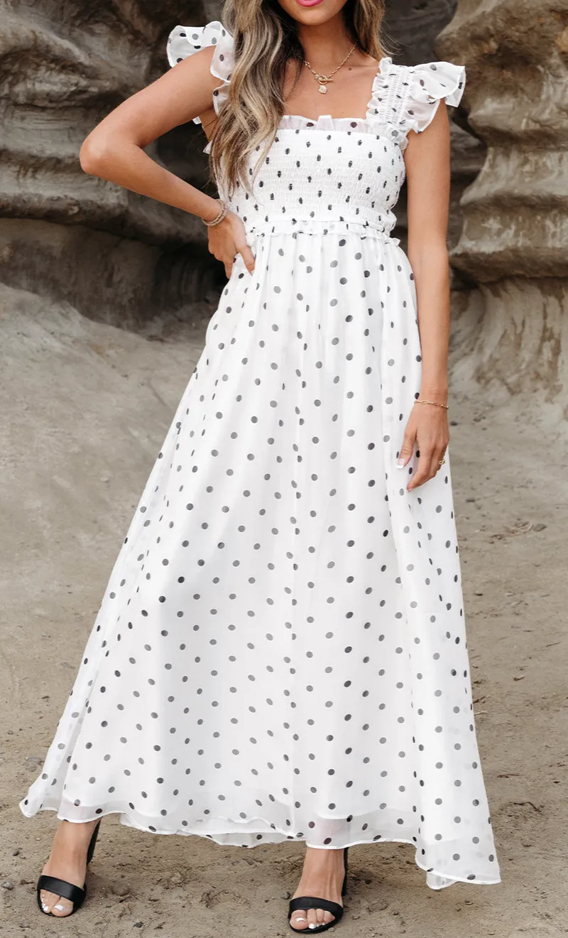 Polka Dot Flutter Sleeve Square Neck Smocked Maxi Dress