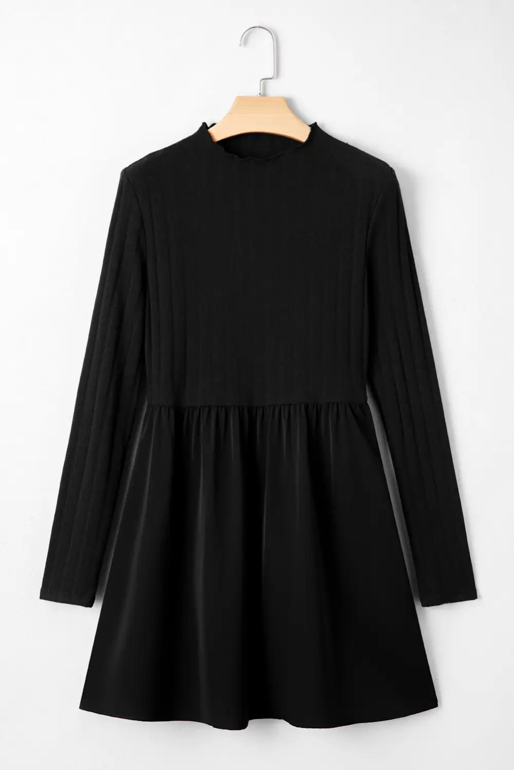 Frilled Neck Ribbed Knit Patchwork Long Sleeve Mini Dress
