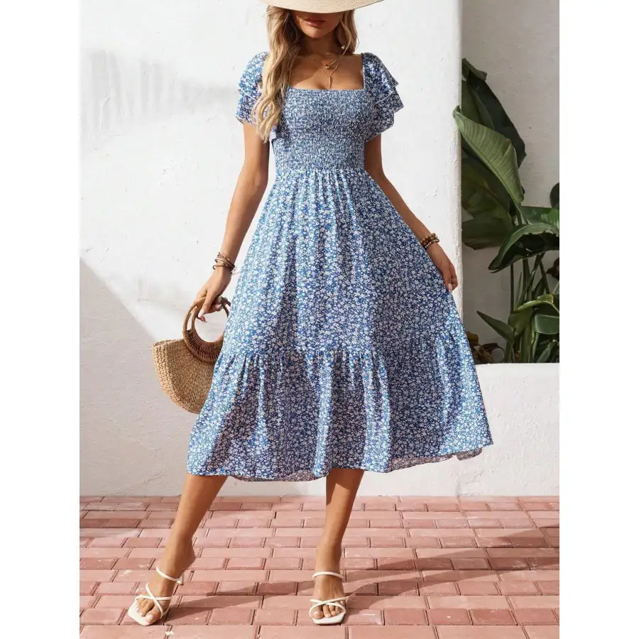 Smocked Square Neck Midi Dress