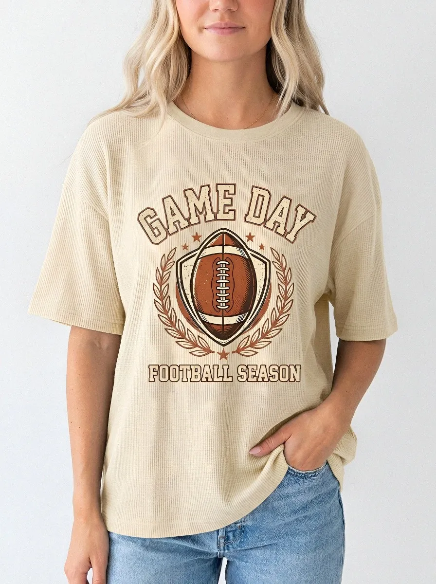 Women's Football Lover Game Day Wreath Printed Waffle T-Shirt