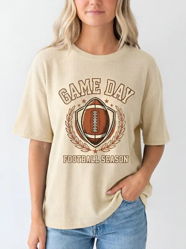 Women's Football Lover Game Day Wreath Printed Waffle T-Shirt