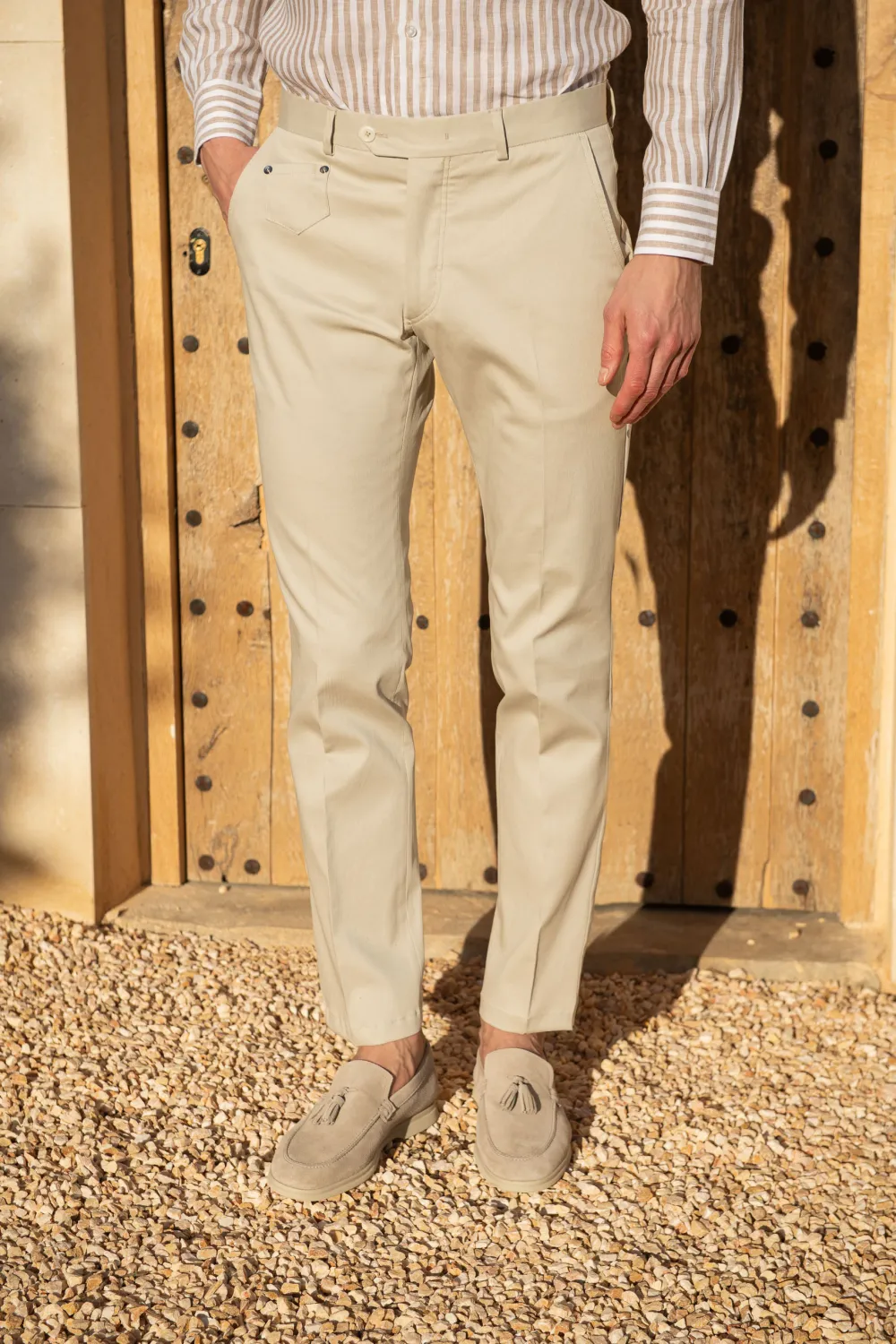 Ecru Cotton High Waist Trousers
