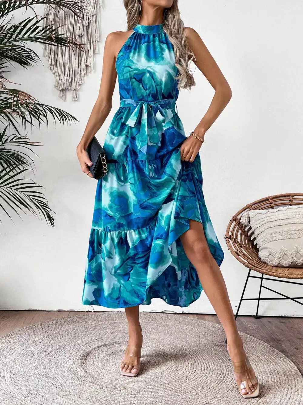 Tie-Waist Tiered Midi Dress