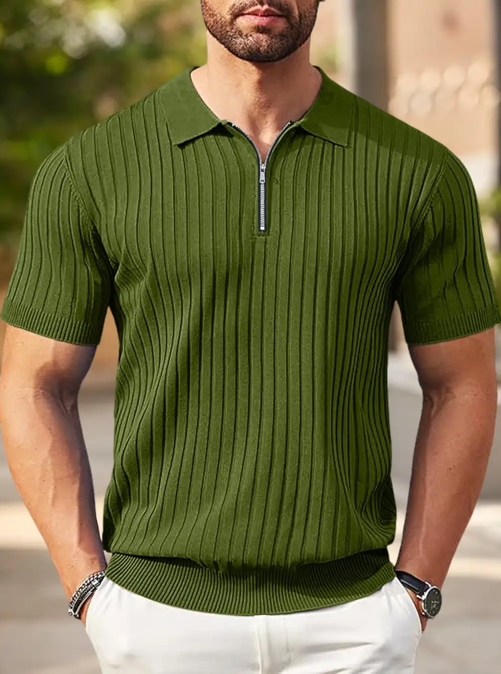 Zip Front Short Sleeve Fine Knit Polo Shirt
