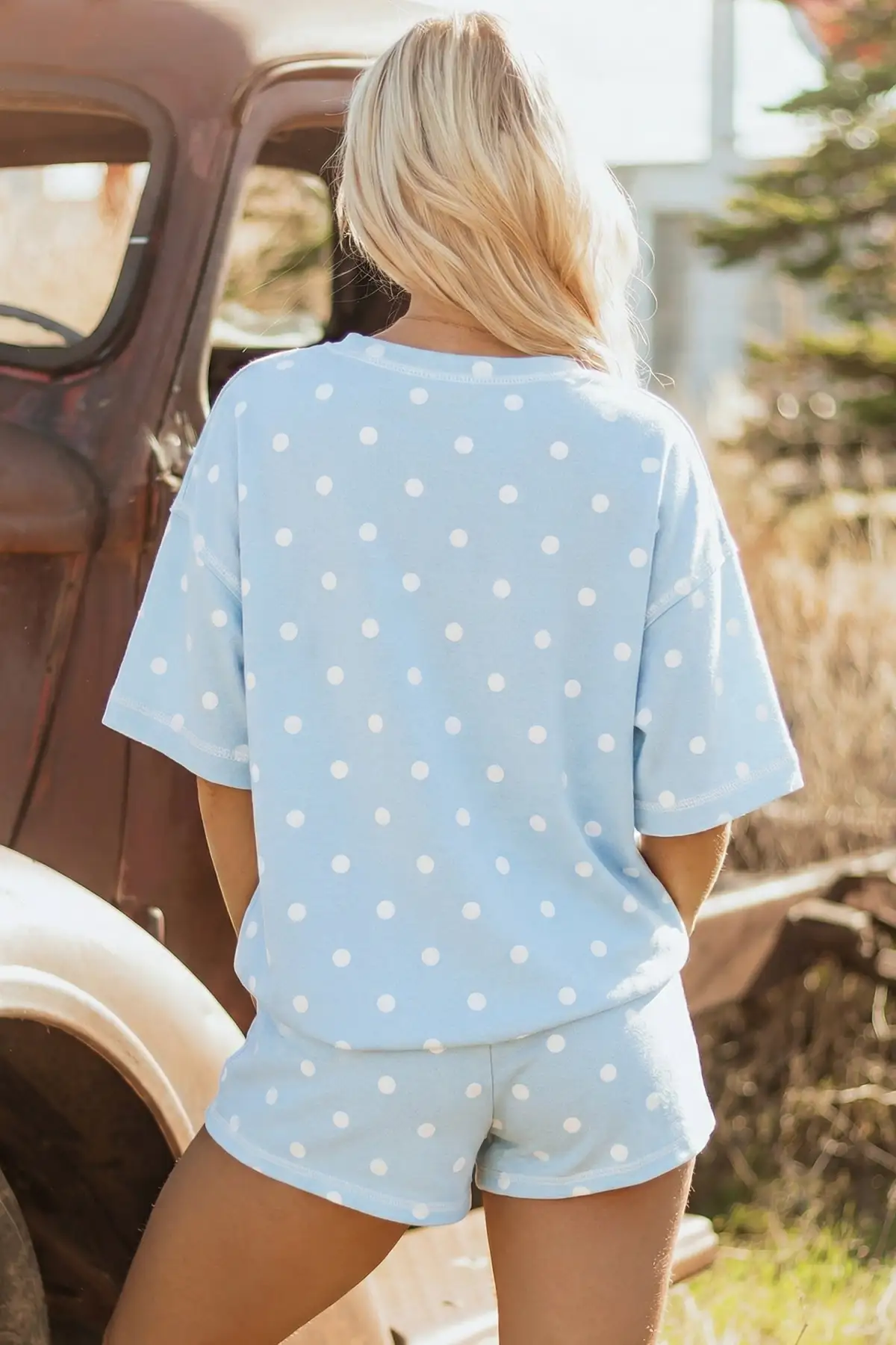 Refined Drawstring Polka-Dot Two-Piece Tee and Shorts Set