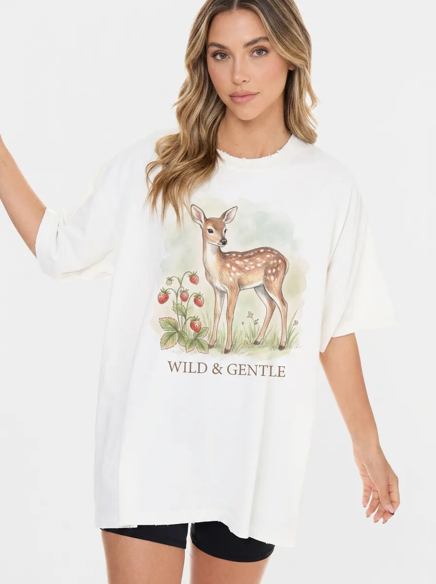 Women's Nature Lover Fawn Strawberry Wild & Gentle Printed T-shirt