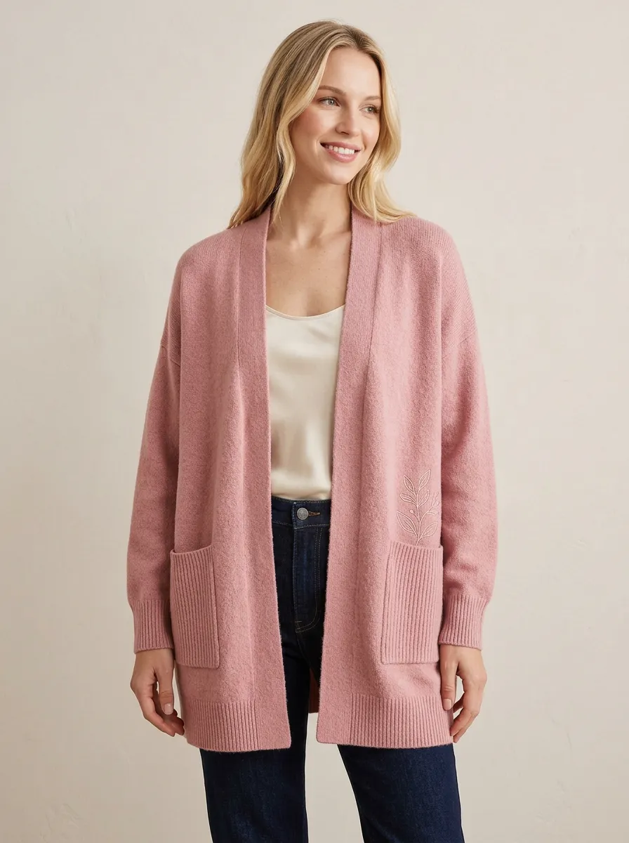 Women's Pink Leaf Embroidery Open Front Printed Knit Cardigan