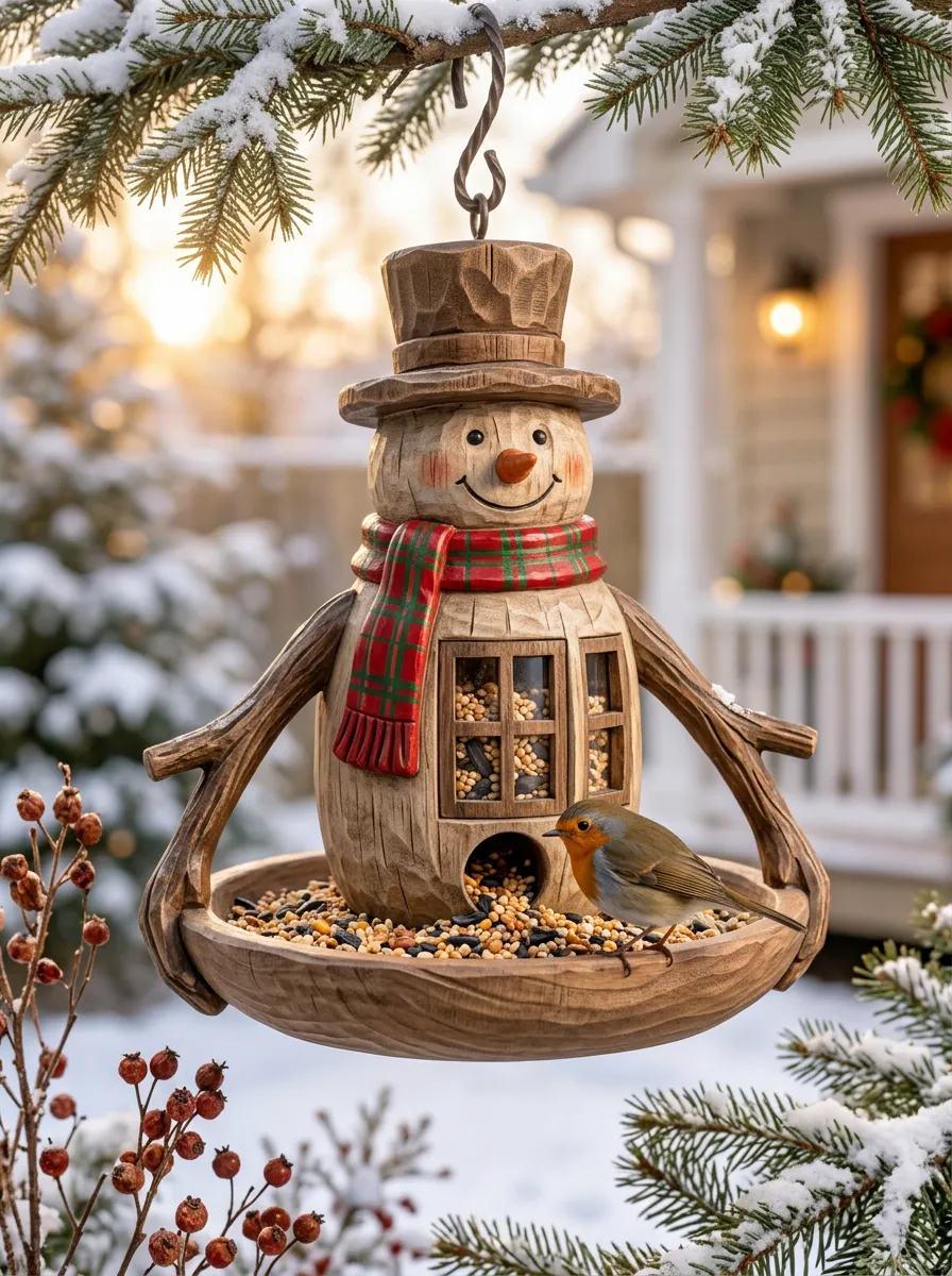 Snowman Carved Wood Style Hanging Christmas Bird Feeder