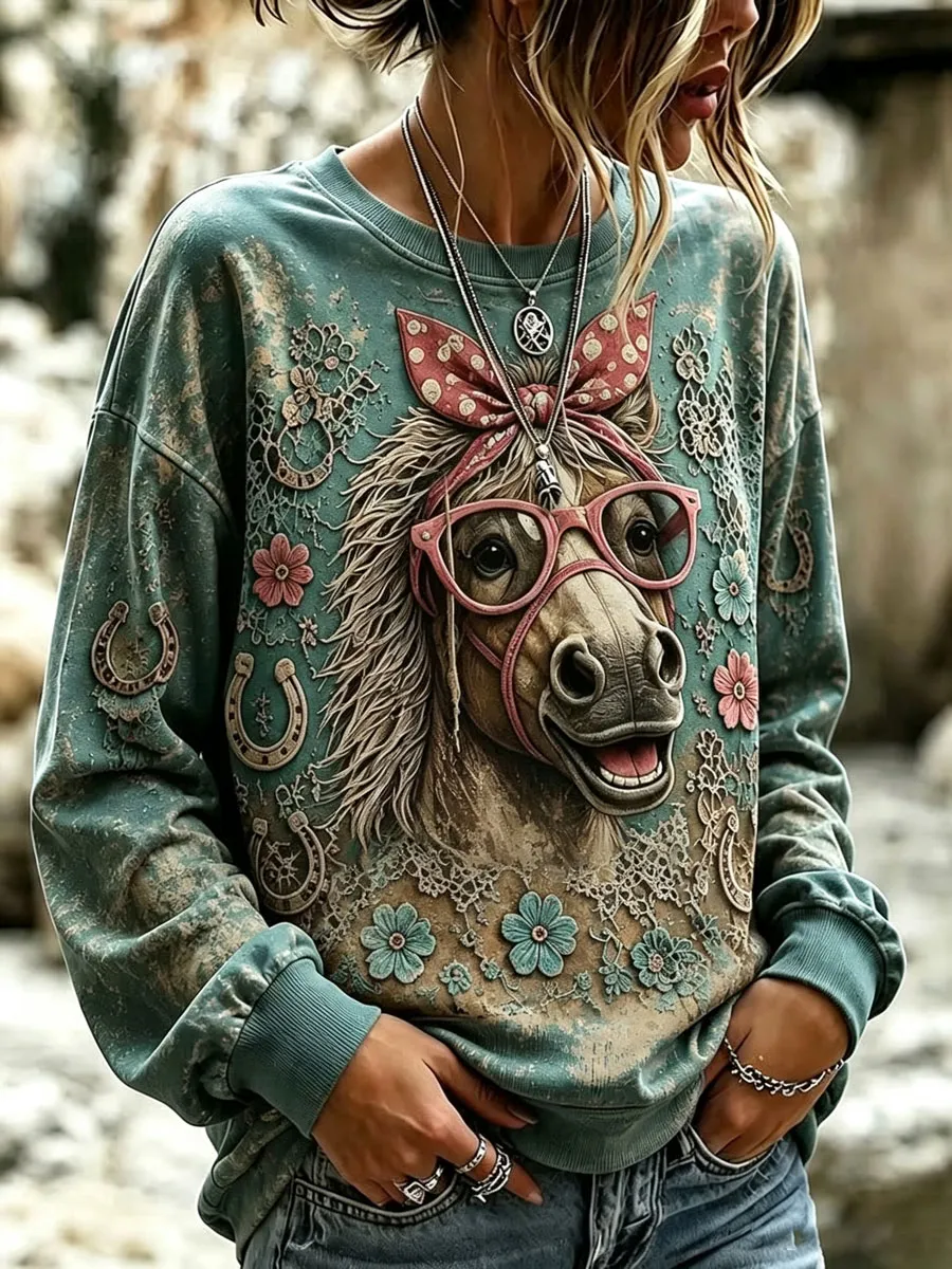 Women'S Western Style Horse Patterned Long Sleeved Hoodie