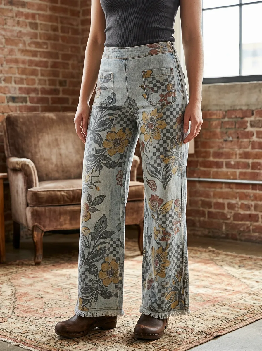 Women's Vintage Floral Checkerboard Pattern Printed Wide Leg Pants