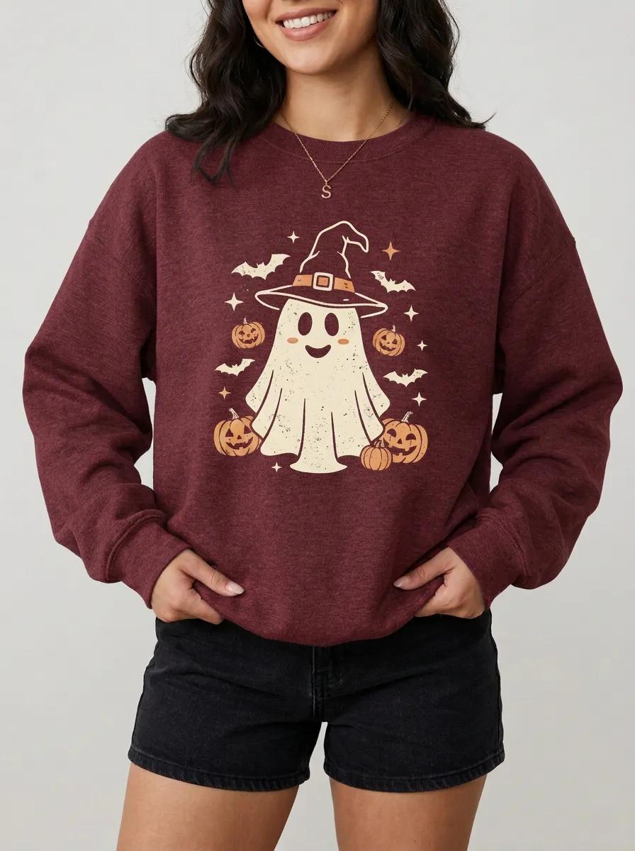 Women's Halloween Ghost Pumpkin Witch Hat Printed Sweatshirt