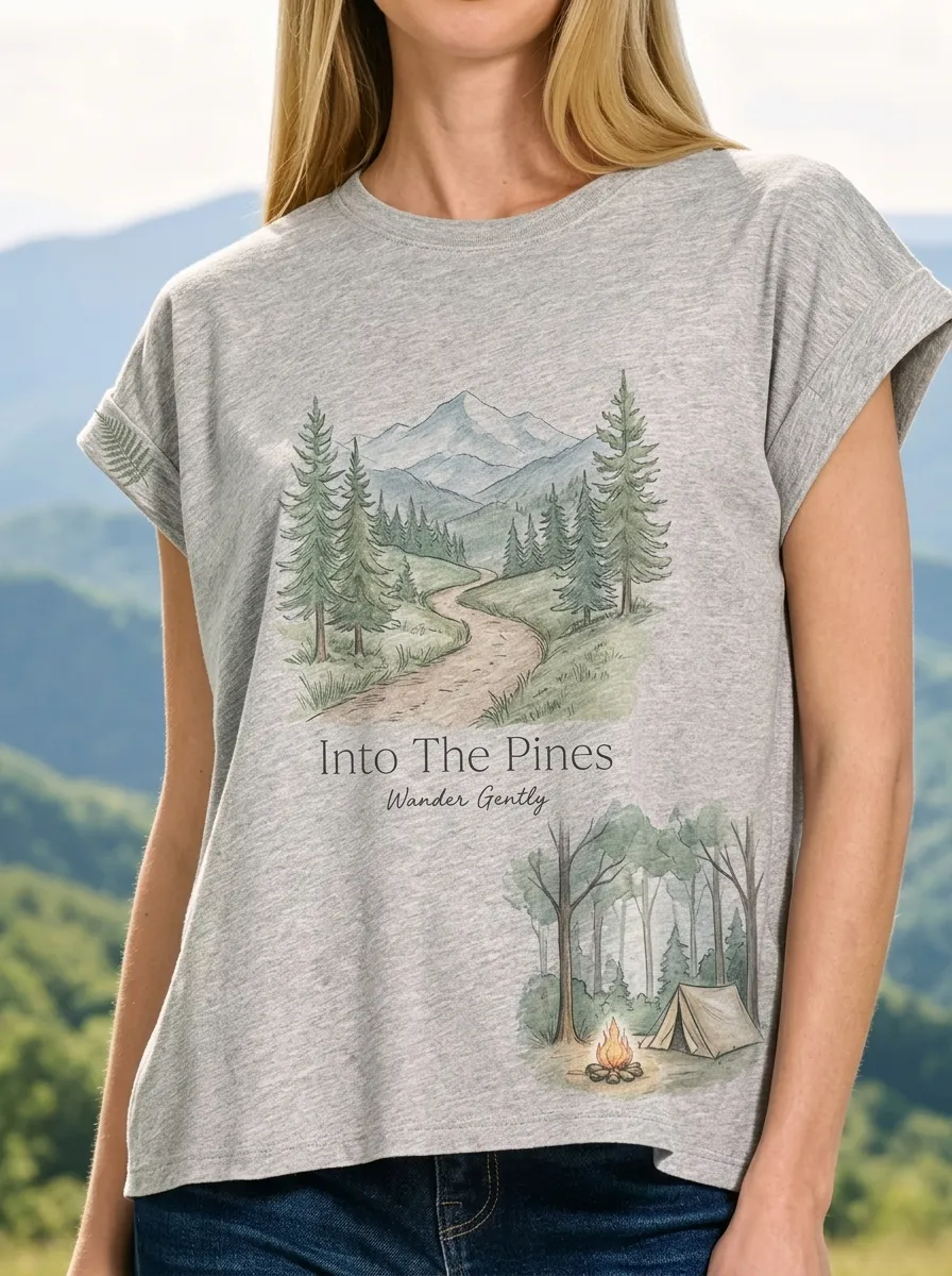 Women's Nature Camping Mountain Pine Forest Printed T-shirt