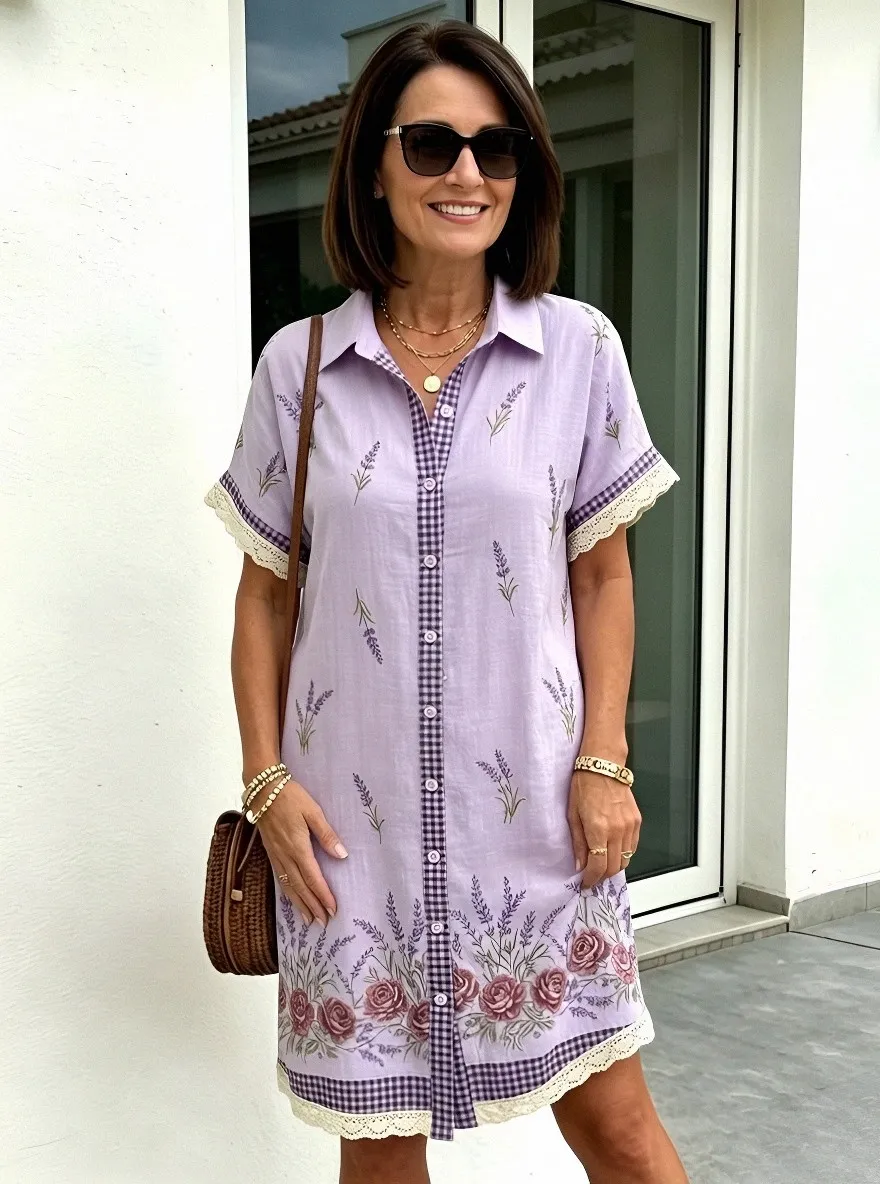 Women's Summer Vacation Lavender Floral Gingham Printed Shirt Dress