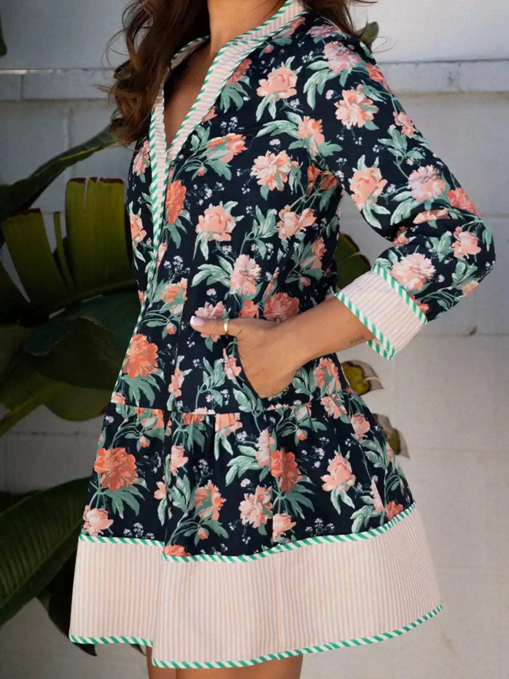 Floral Striped V Neck Mini Dress