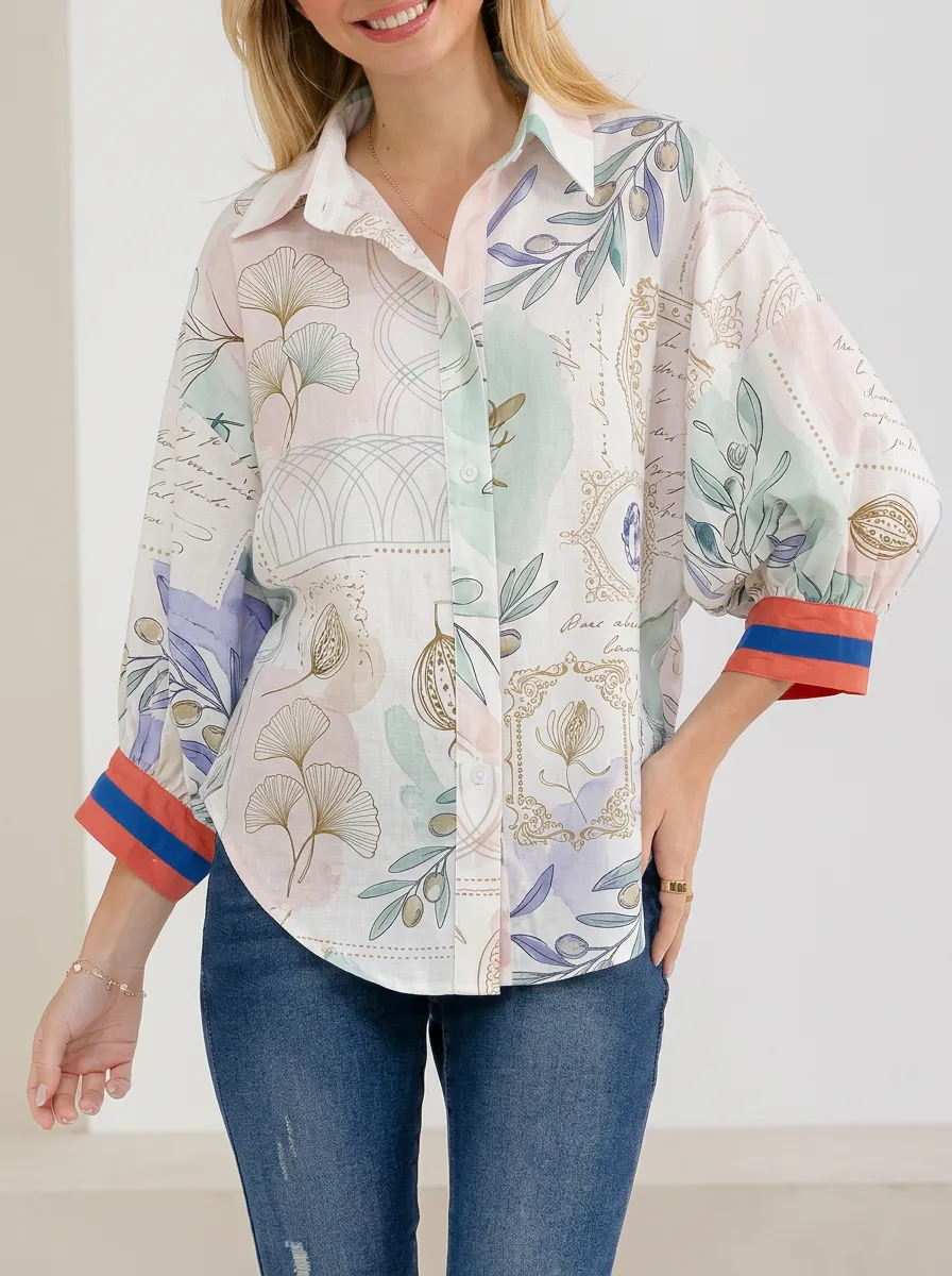 Women's Botanical Art Floral Ginkgo Leaf Printed Button-up Shirt