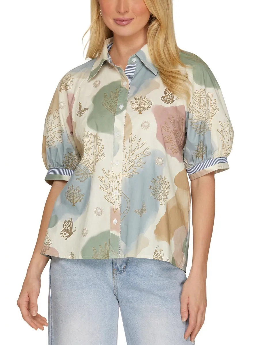 Women's Coastal Butterfly Coral Reef Printed Puff Sleeve Shirt