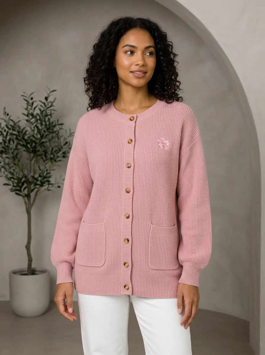 Women's Floral Lover Pink Flower Embroidered Button Casual Cardigan
