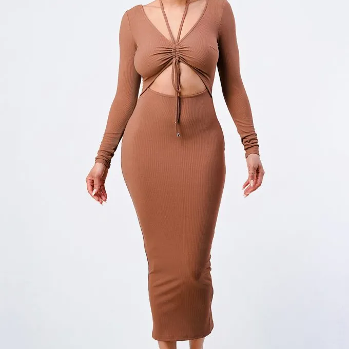 Elegant Trendy Front Shirring Cut-out Long Sleeved Dress