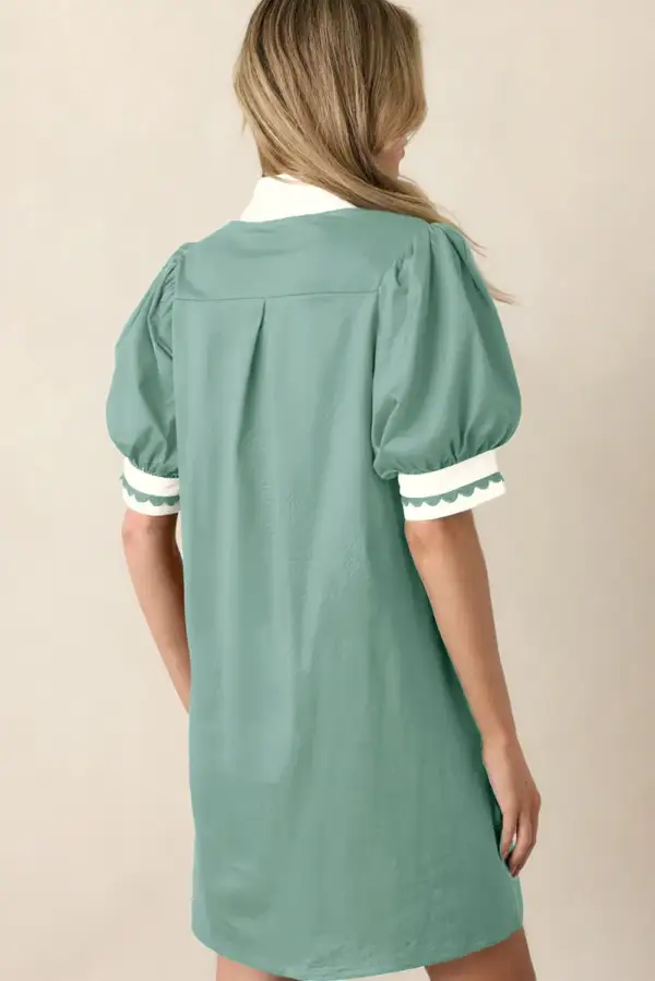 Canton Scallop Color Block Trim Puff Sleeve Mini Dress