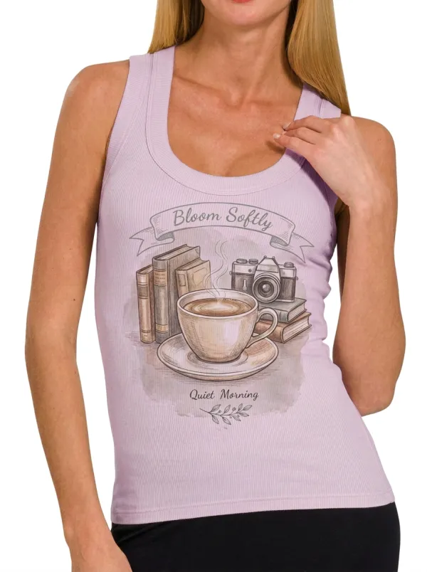 Women's Book Coffee Camera Lover Bloom Softly Printed Tank Top