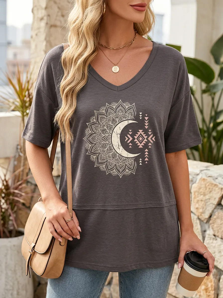 Boho Celestial Mandala V-Neck T-Shirt