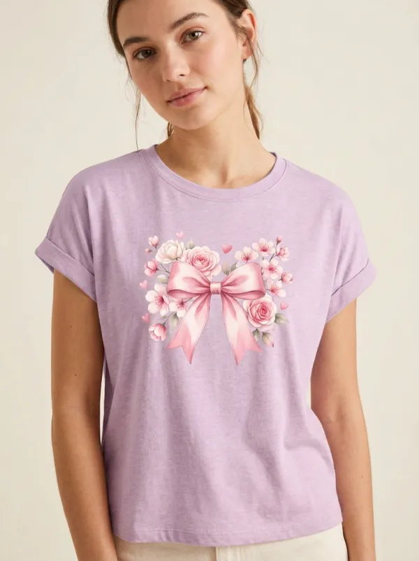 Women's Breast Cancer Awareness Pink Bow Floral Printed T-shirt