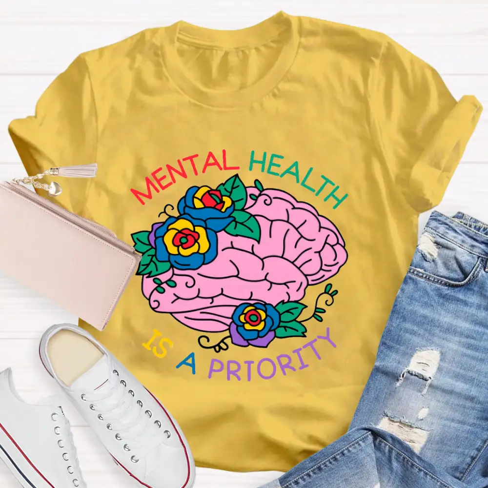 Mental Health Is A Priority Floral Brain T-Shirt