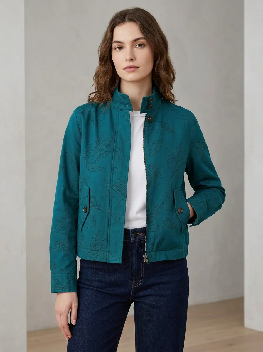 Women's Olive Green Leaf Pattern Jacket