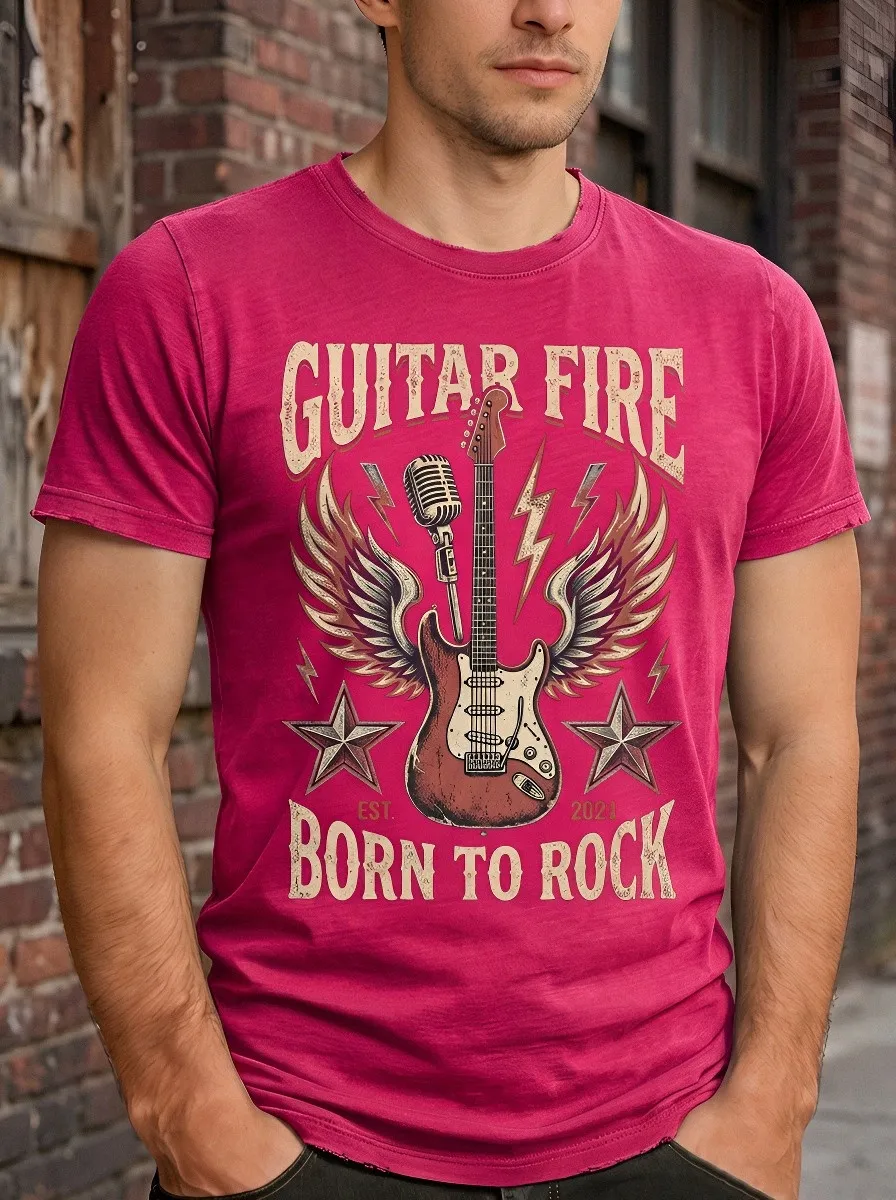 Men's Rock Music Lover Guitar Wings Microphone Printed T-shirt