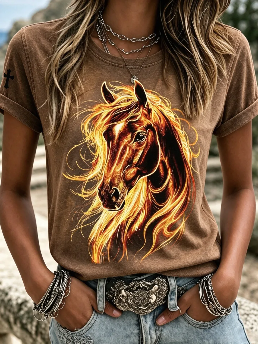 Women's Retro Love Horses Printed T-Shirt