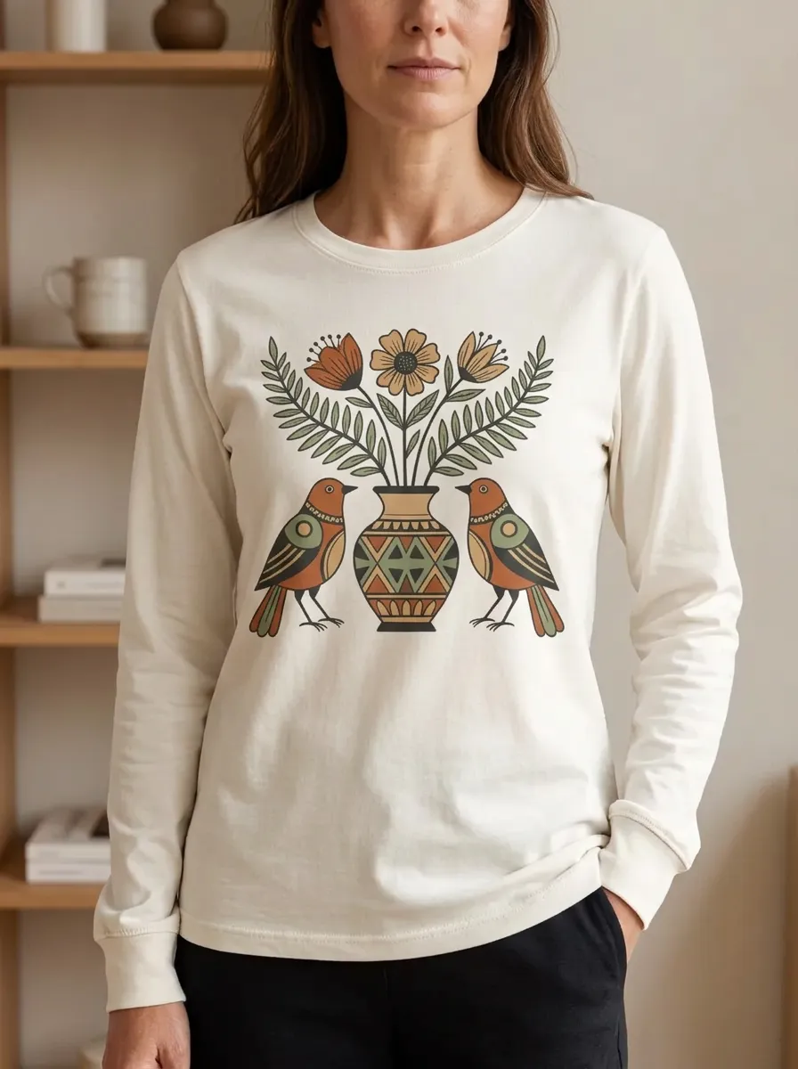Women's Boho Nature Lover Bird and Floral Vase Printed Long Sleeve Top