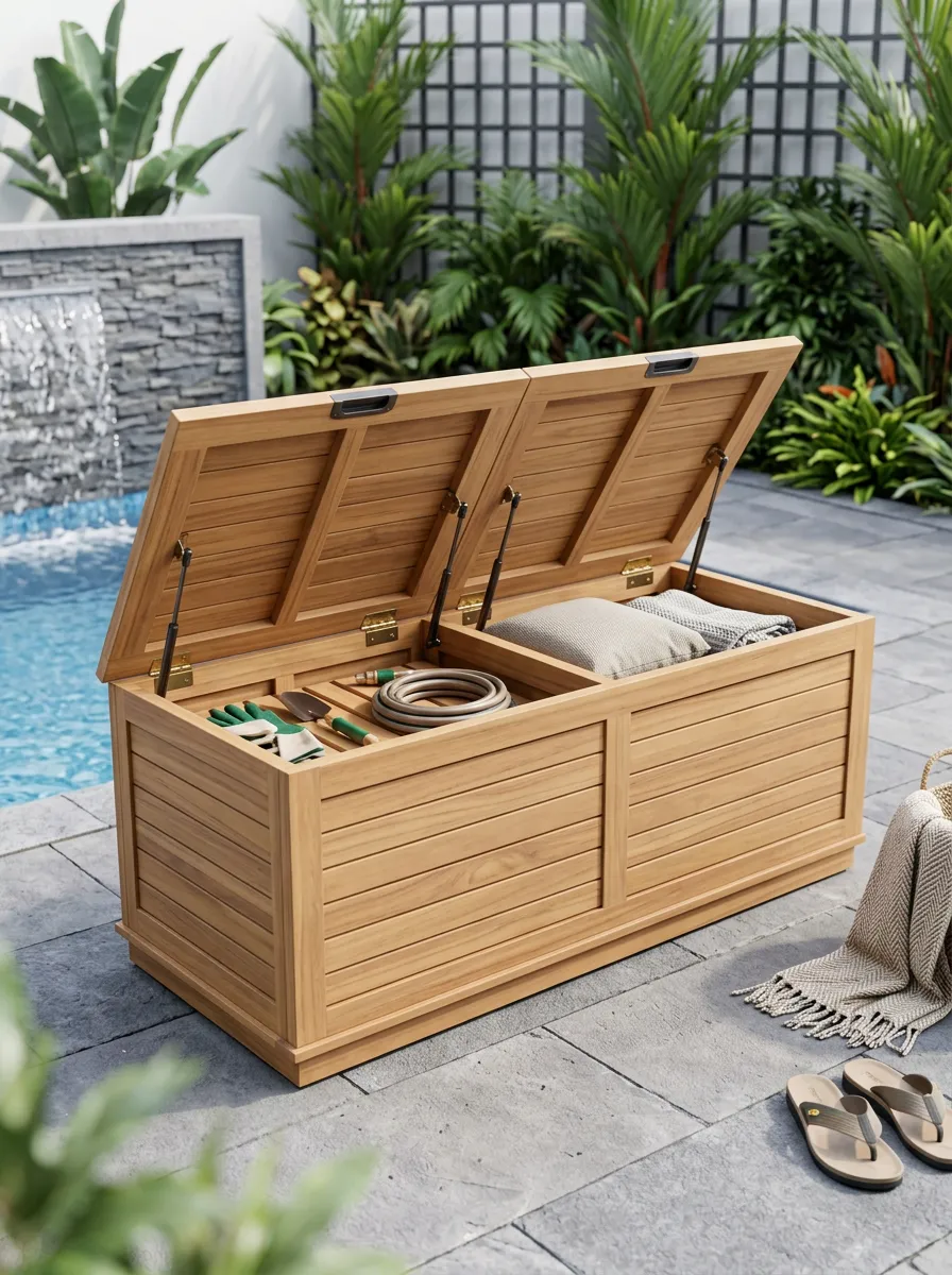 Garden Teak Wood Slatted Lid Outdoor Storage Box