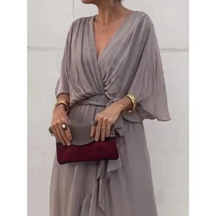 Full Size Flowy Tie Front Midi Dress with Flutter Sleeves Plus Size