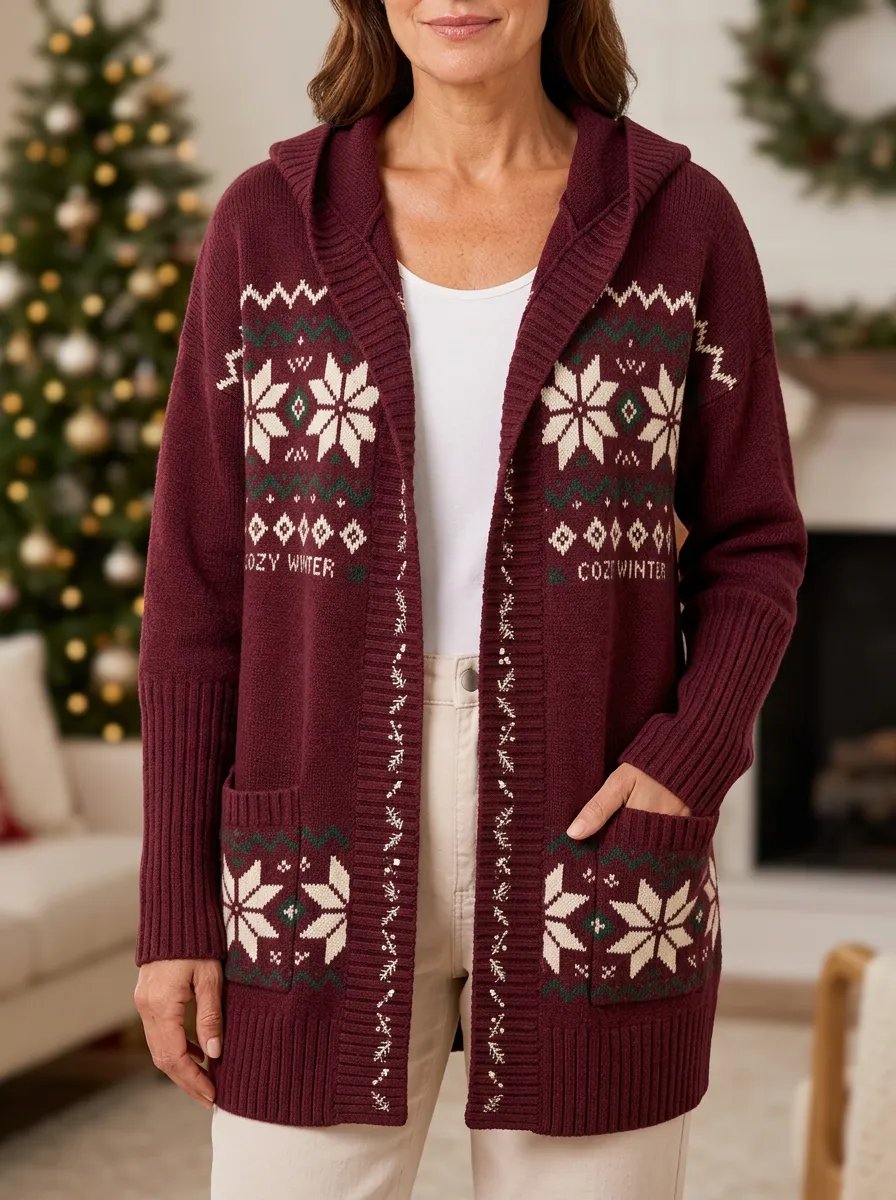 Christmas Cozy Winter Snowflake Pattern Knit Hooded Cardigan
