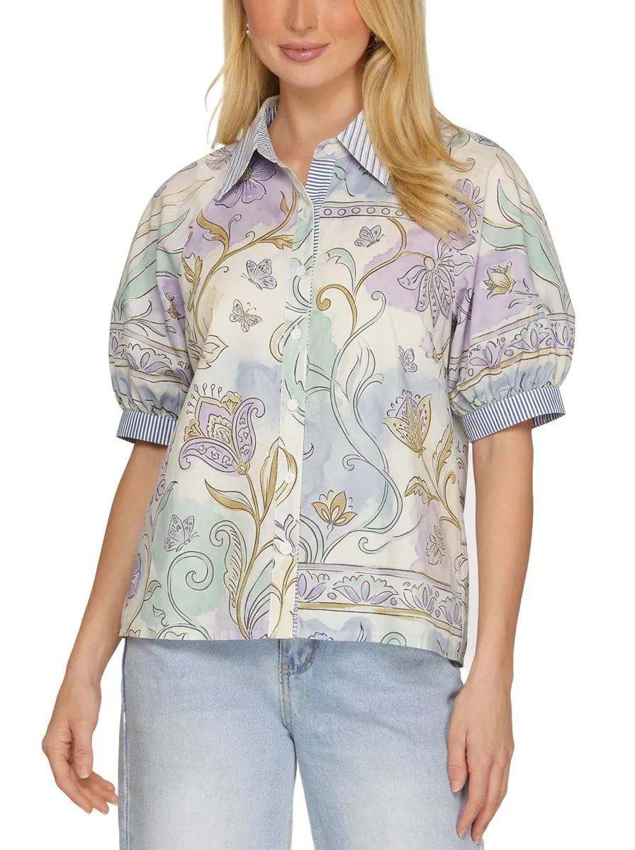 Women's Floral Butterfly Botanical Printed Puff Sleeve Shirt