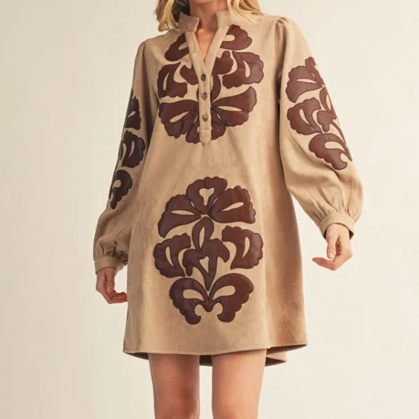 Embroidered Faux Suede Suede Long Sleeve Dress
