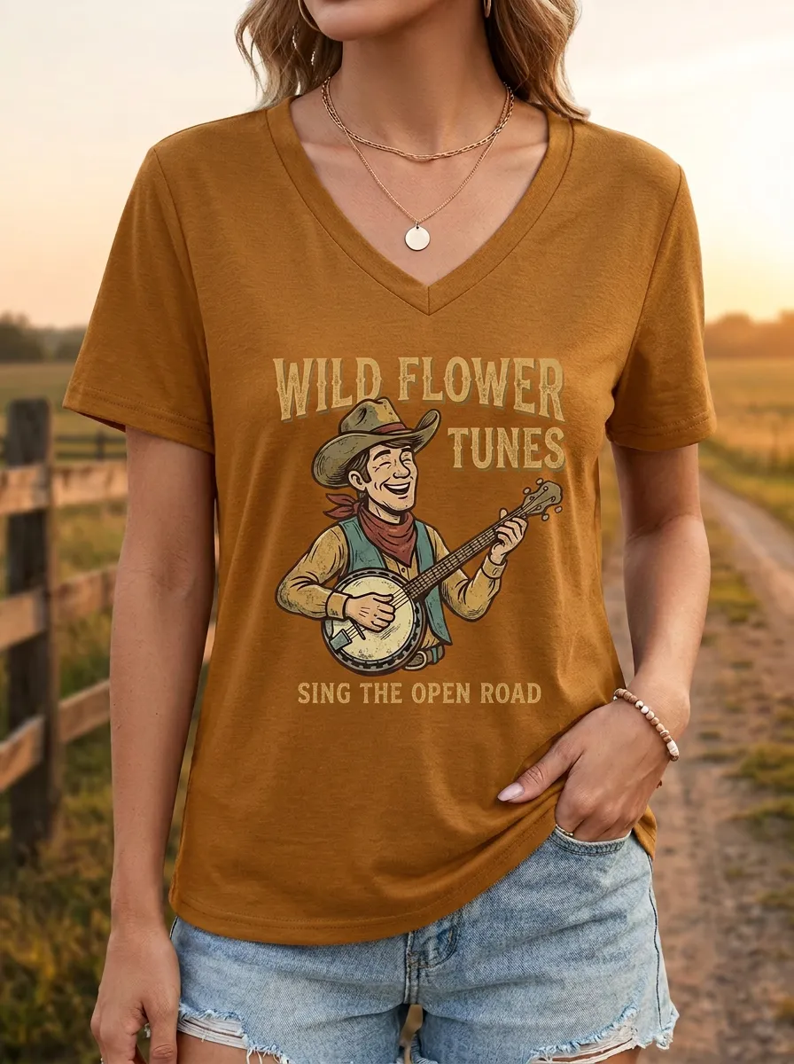 Western-Inspired Decorative Women's Country Music V-Neck T-Shirt