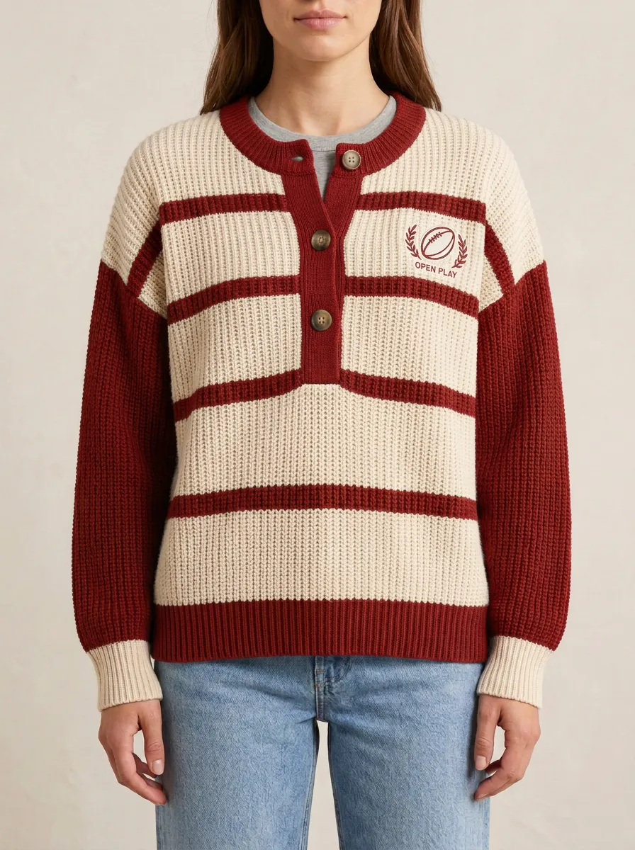 Rugby Open Play Embroidered Striped Knit Cardigan