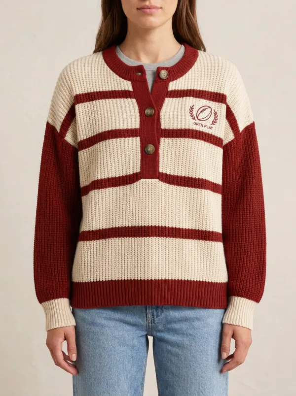 Rugby Open Play Embroidered Striped Knit Cardigan