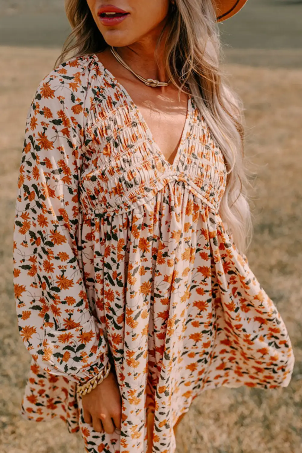 Balanced Floral Smocked V-Neck Mini Dress
