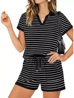 Refined Drawstring Pocketed Striped Top and Shorts Matching Set