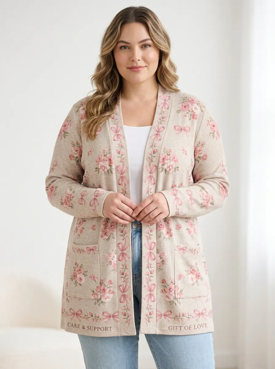 Women's Breast Cancer Awareness Pink Ribbon Floral Printed Cardigan