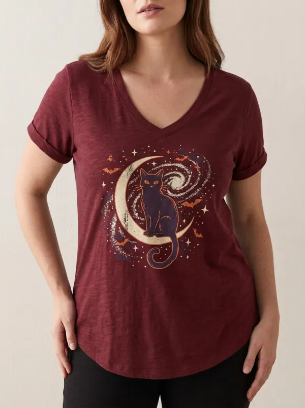Women's Halloween Cat Moon Galaxy Printed V-neck T-shirt