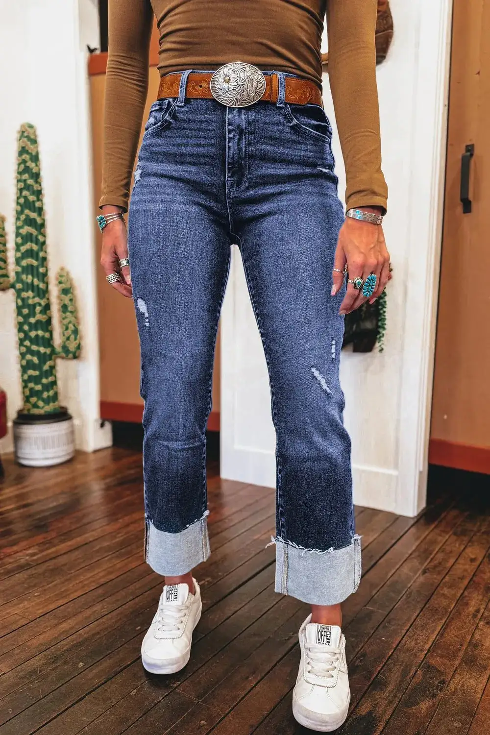 Folded Cuffs Distressed Straight High Waist Jeans