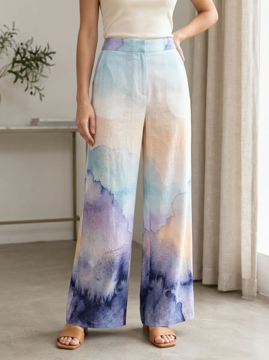 Women's Abstract Watercolor Landscape Printed Wide Leg Pants