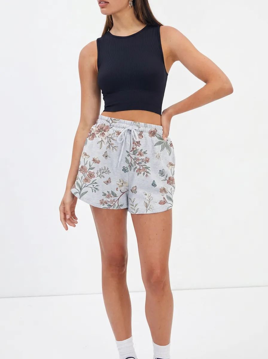Women's Floral Botanical Butterfly Printed Drawstring Shorts